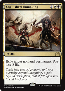 Anguished Unmaking
 Exile target nonland permanent. You lose 3 life.